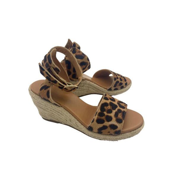 J. CREW Calf Hair Espadrille Wedge Sandal Womens SZ 7 Leather Leopard Cat Print - Picture 2 of 7